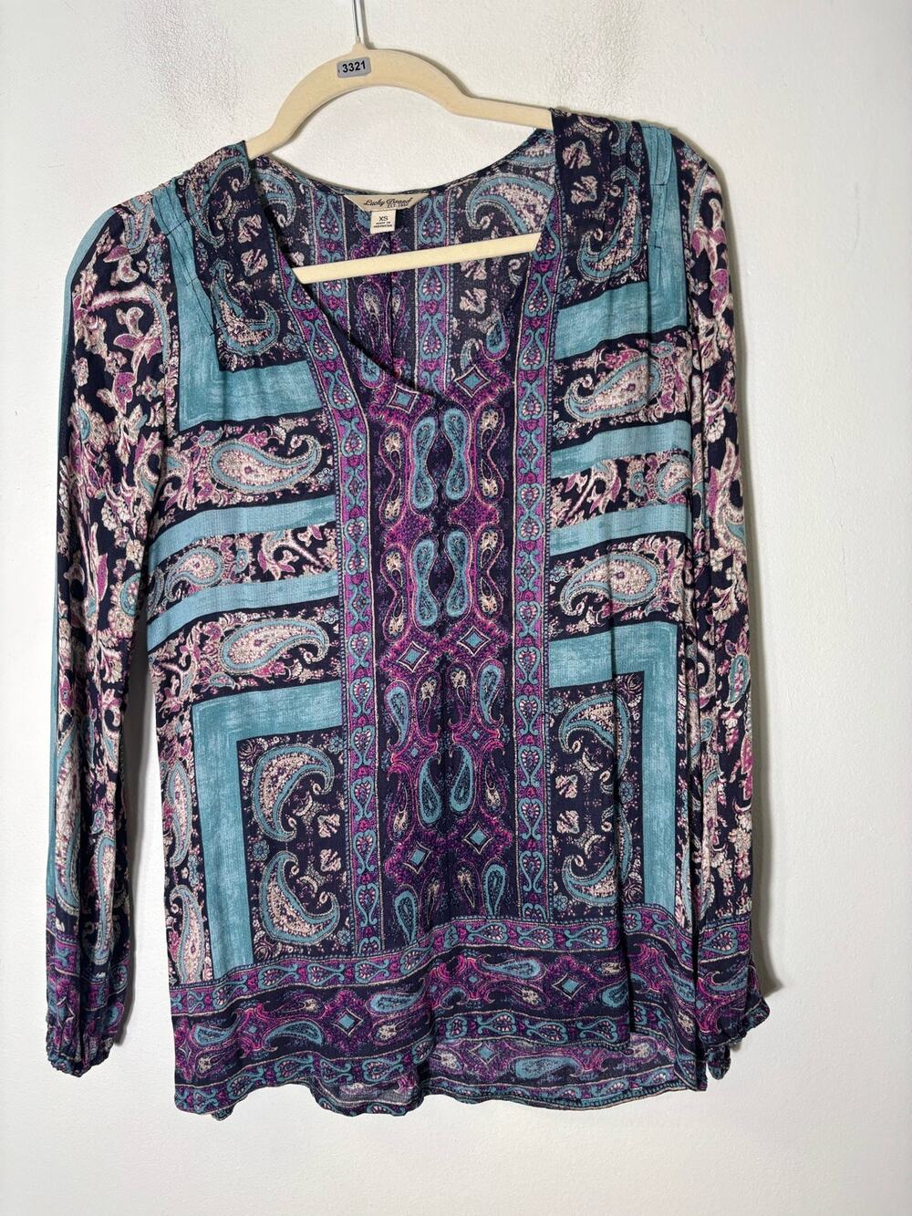 Lucky Brand Green Purple Long Sleeve V-Neck Sz XS